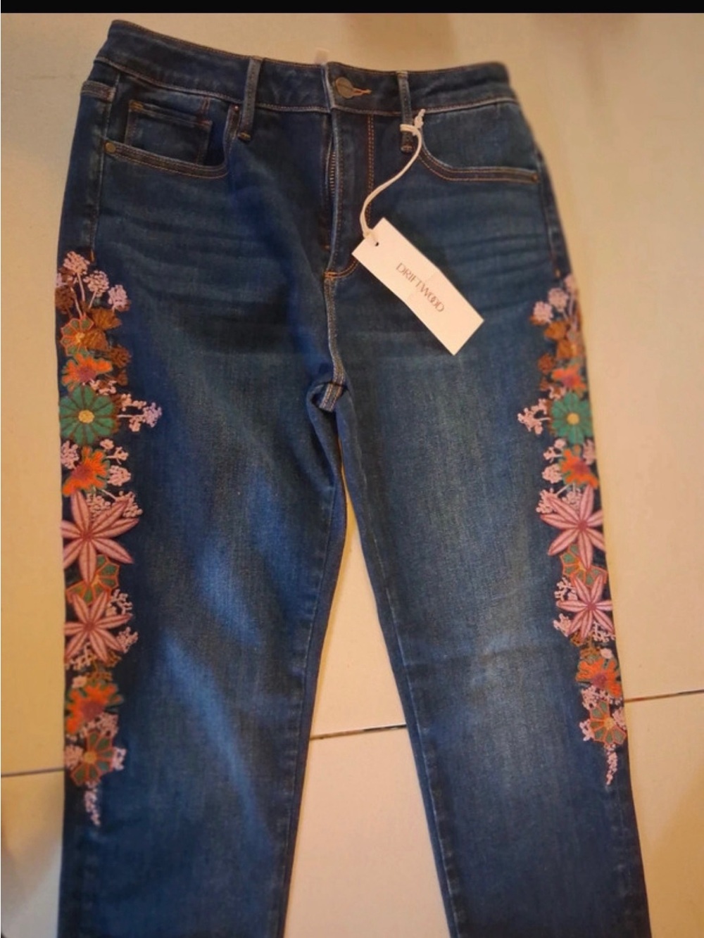 DRIFTWOOD Blue Skinny Jeans with Multicolor Floral Embroidery
